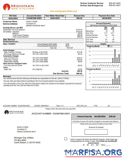 Blank USA Michigan gas Utilities utility bill template in Word and PDF format version 1